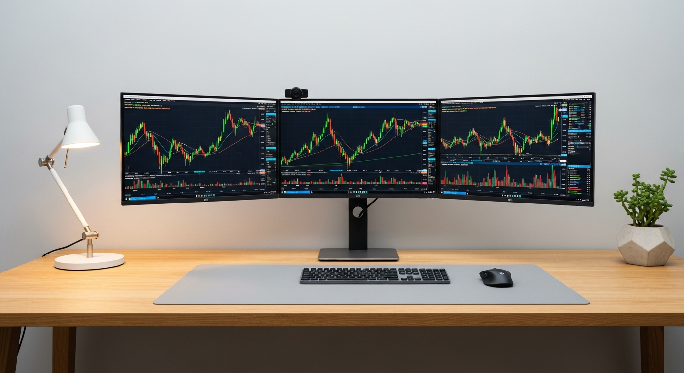 modern home office desk with multiple monitors displaying trading charts