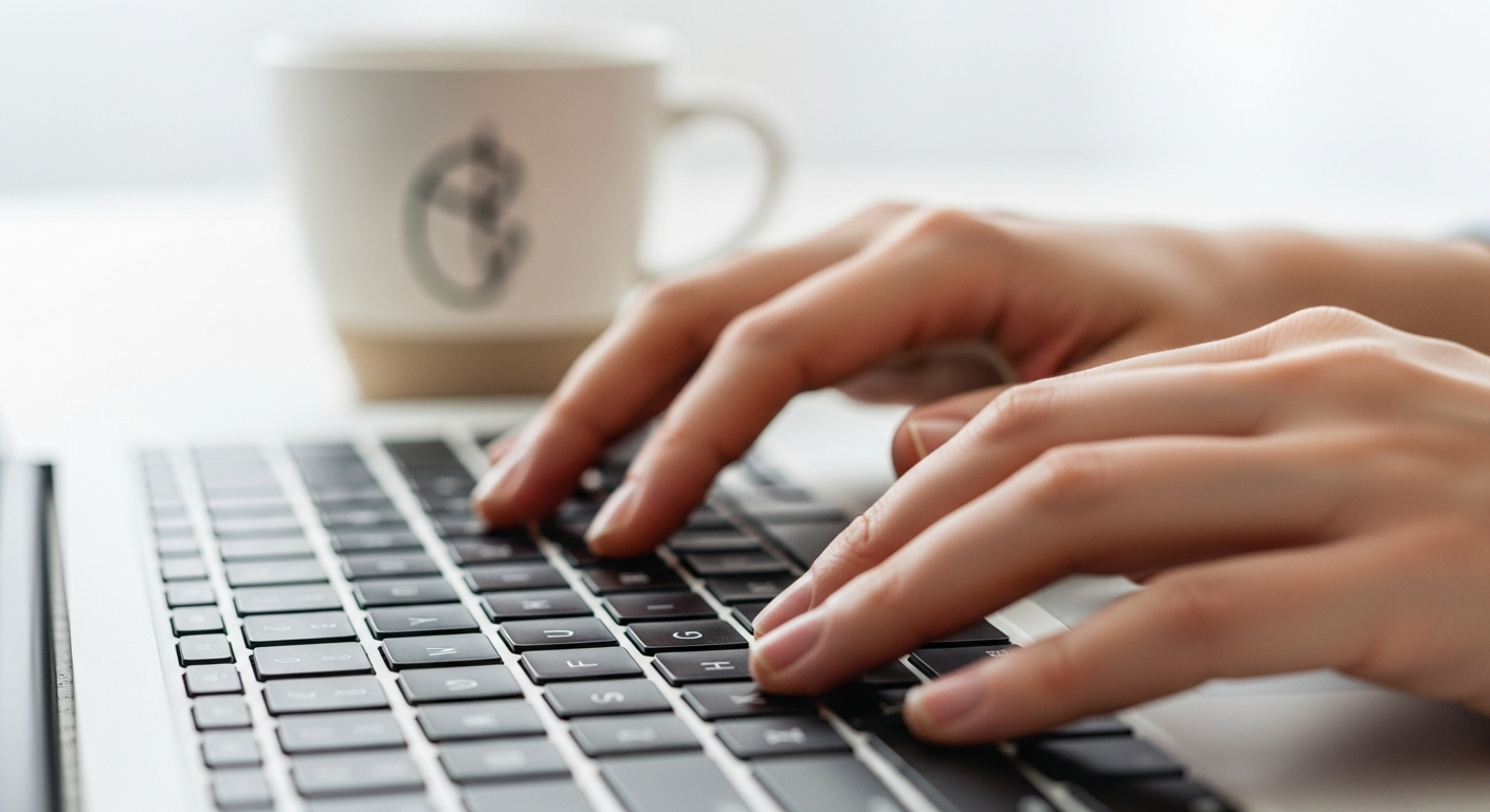close up of typing on laptop keyboard with coffee cup nearby