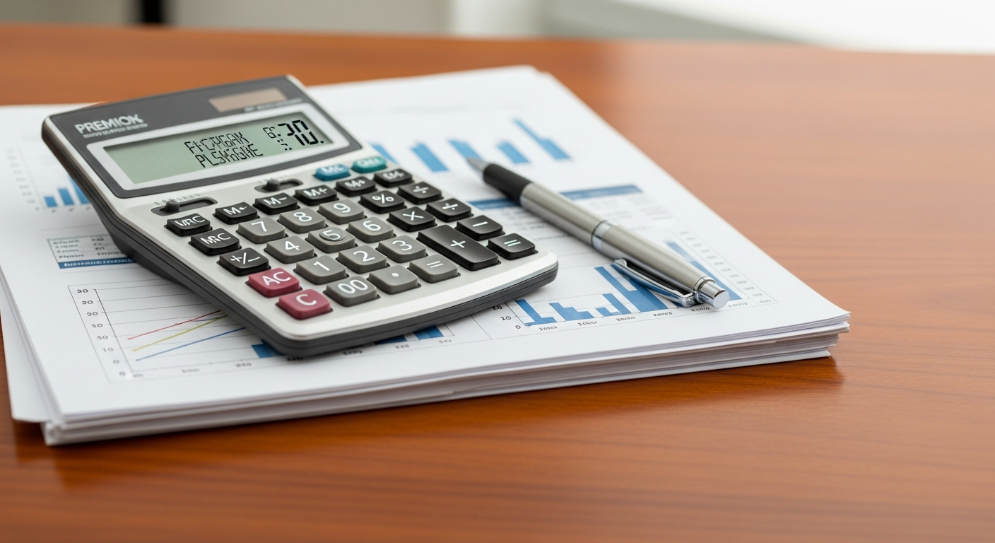 financial calculator and pen resting on paper documents on wooden desk