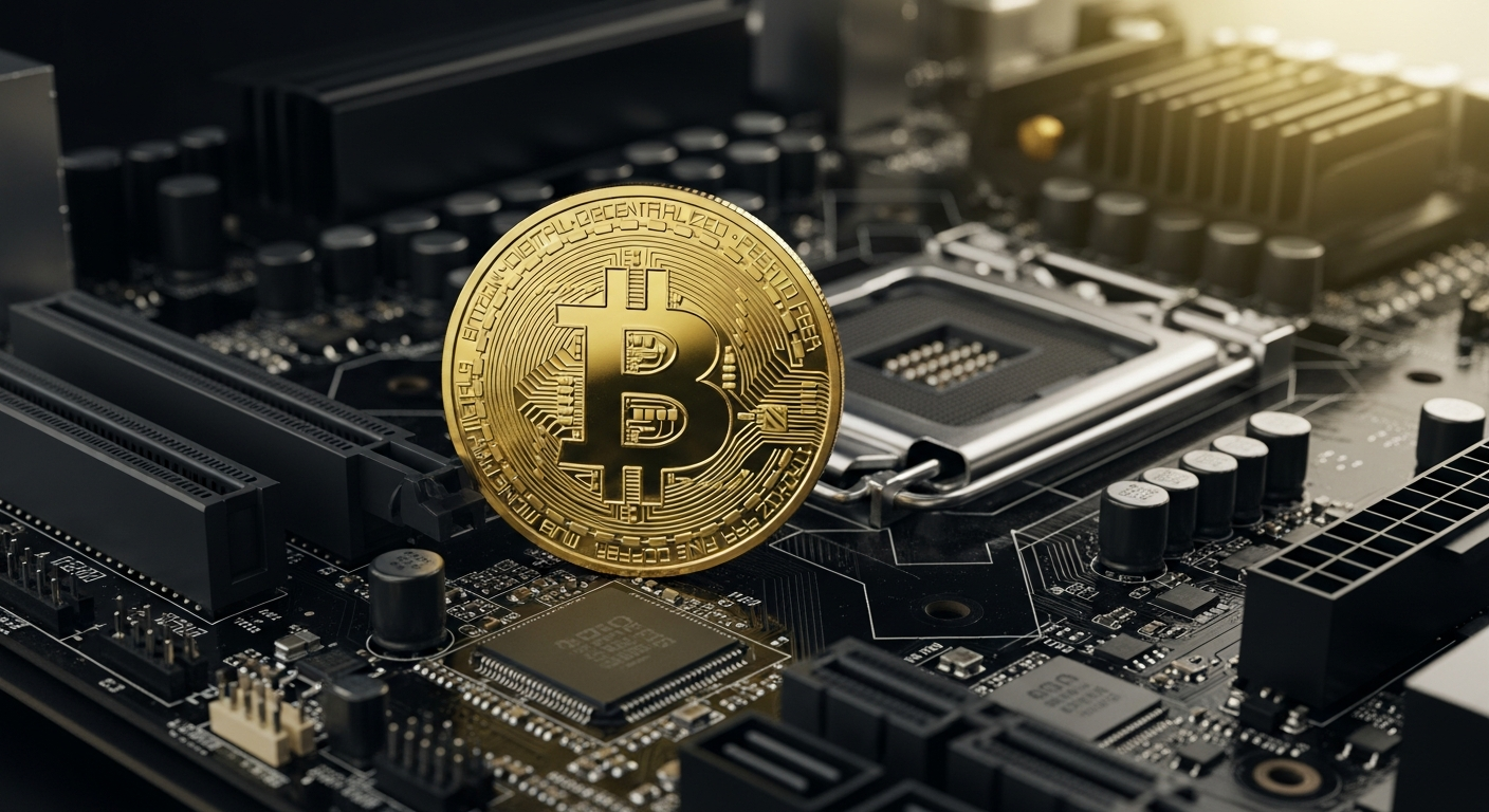 physical gold bitcoin token placed on black computer motherboard