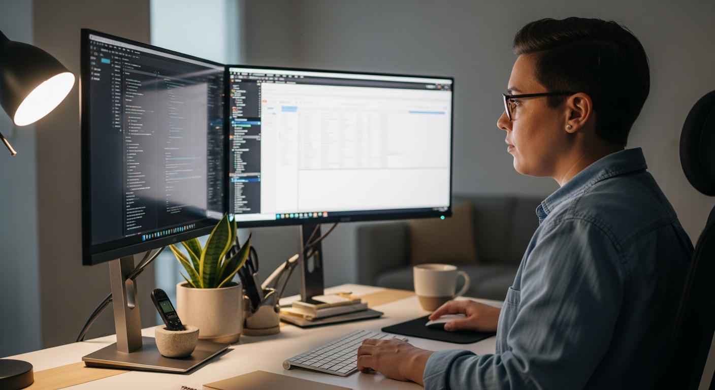 person working on modern dual monitor setup home office