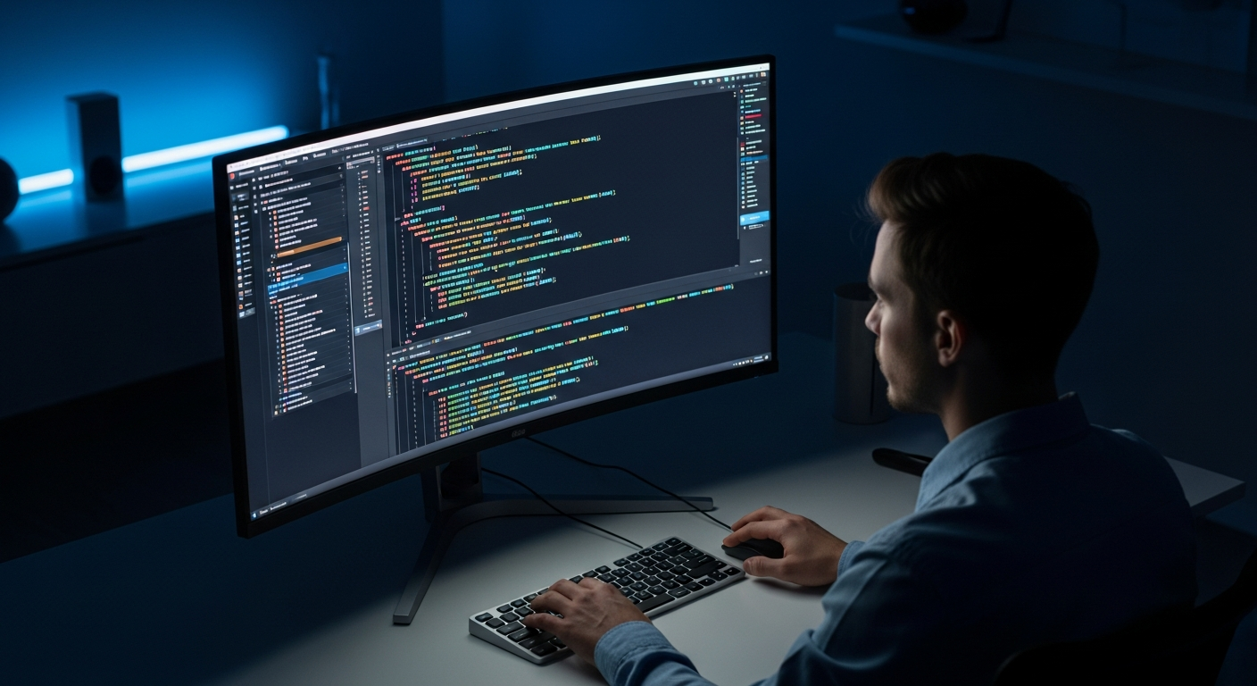 programmer coding on curved monitor dark room