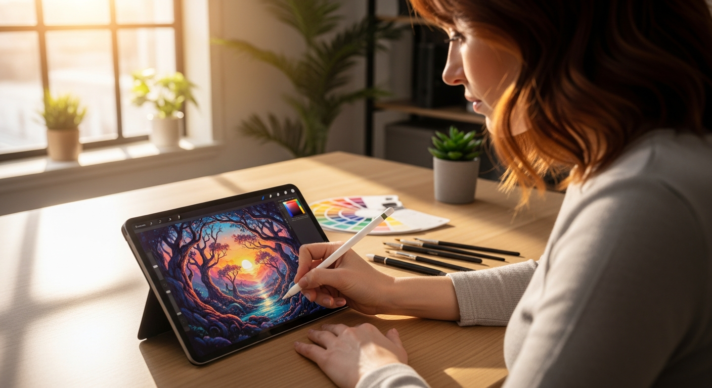 woman drawing on digital tablet at sunny desk