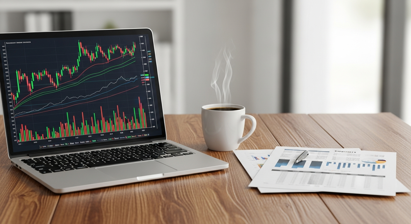 financial charts and coffee cup on wooden table