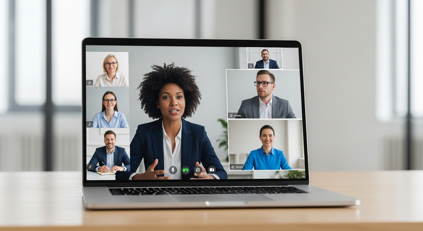 professionals in virtual meeting on laptop screen