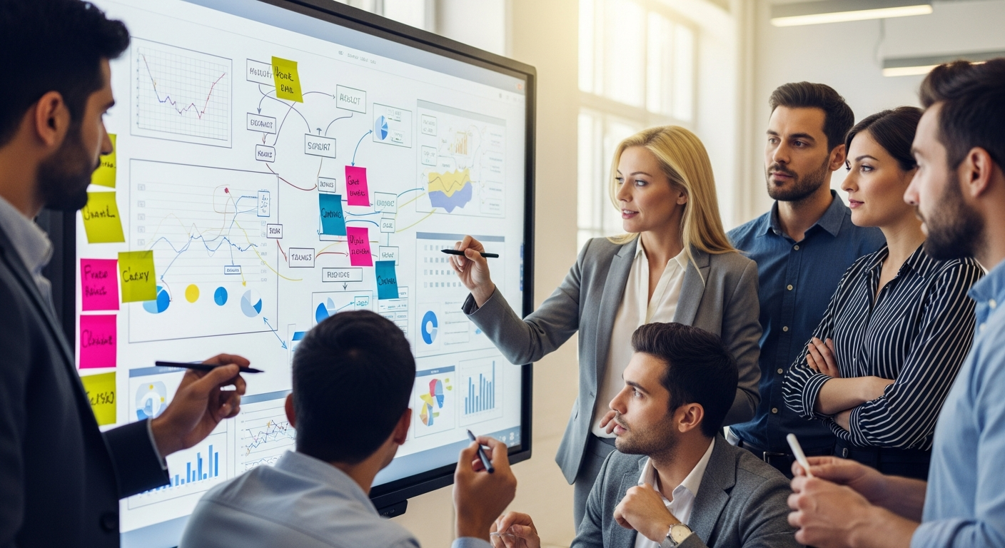 team collaborating on digital whiteboard with sticky notes