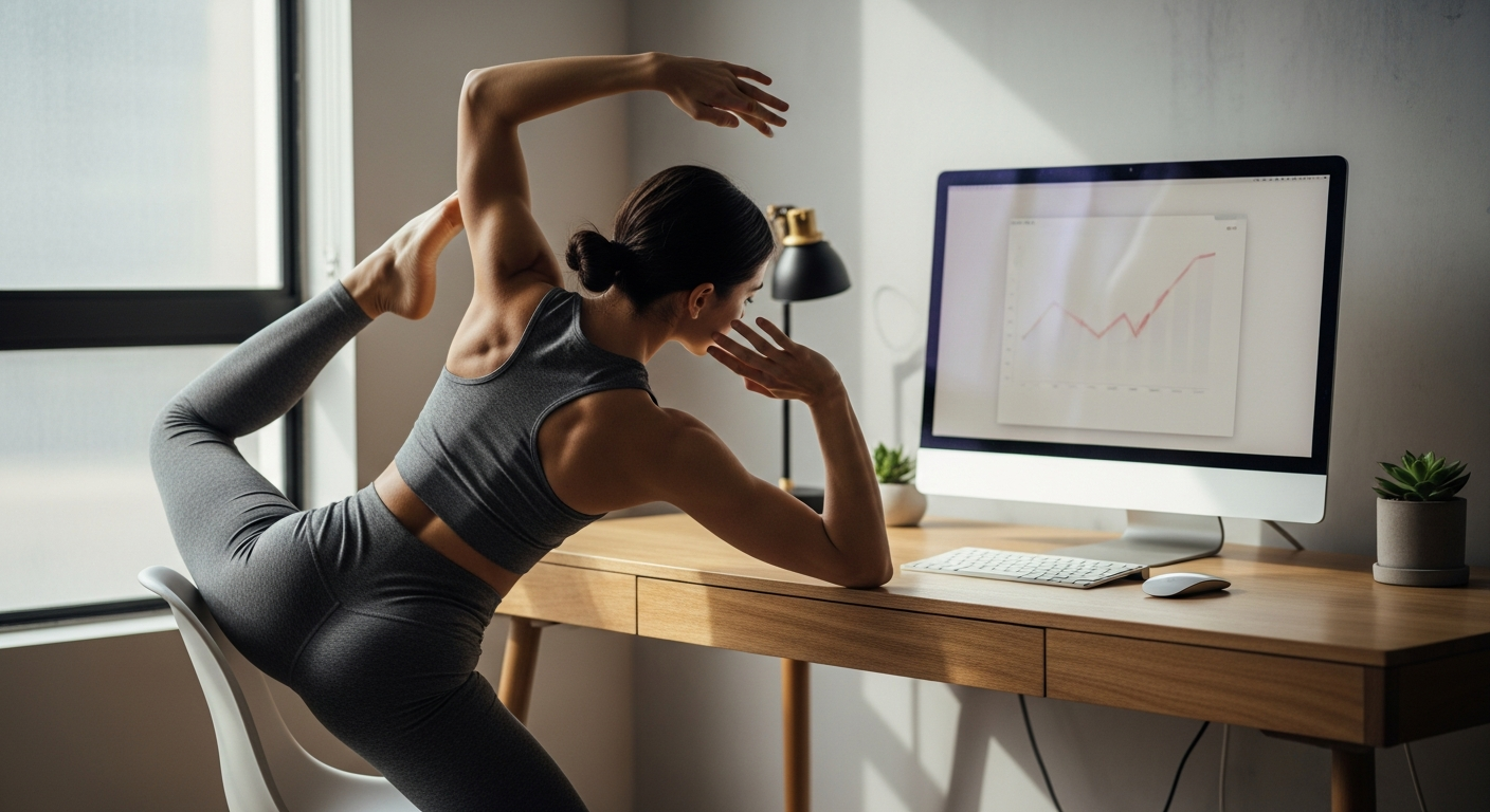 person doing yoga stretching near home office setup