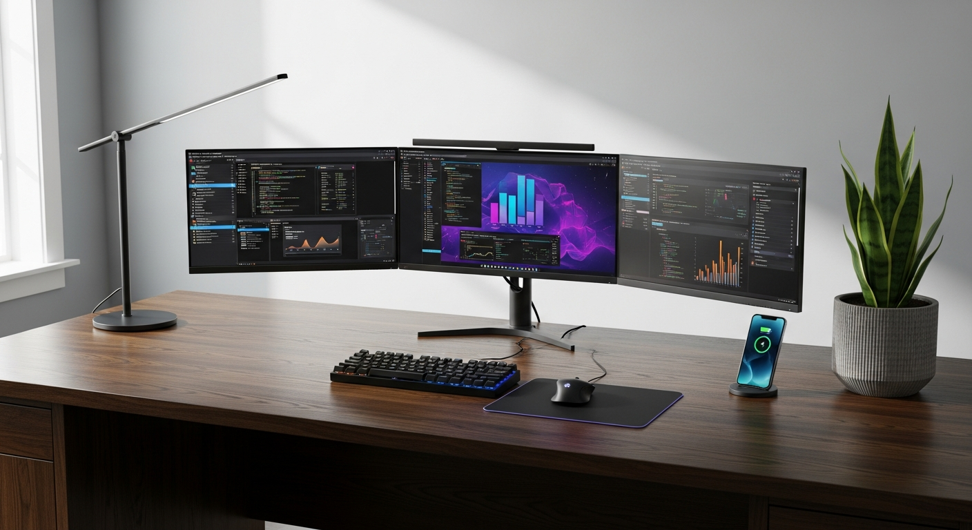 modern home office desk with multiple monitors and plant