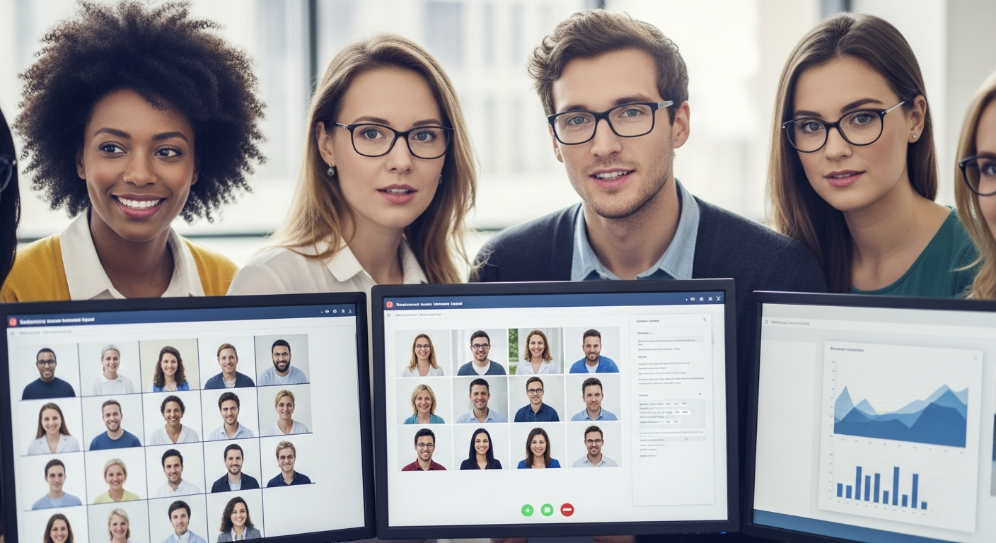 diverse startup team having a virtual meeting on dual screens