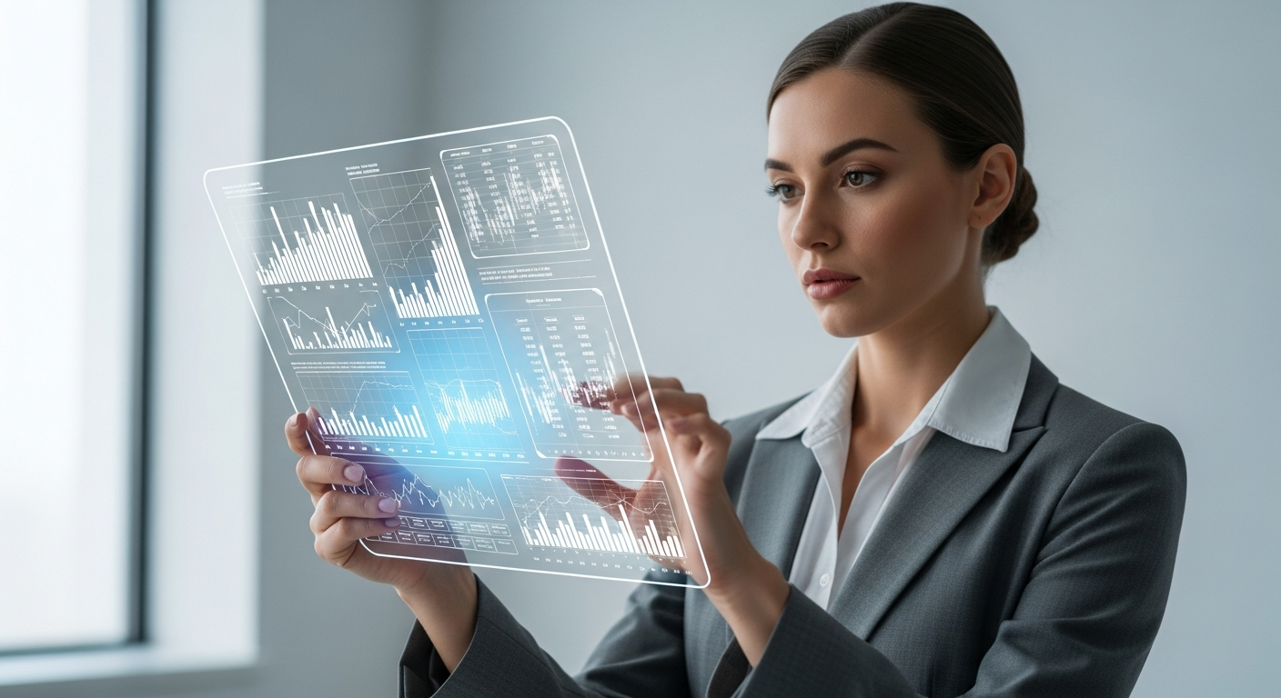 businesswoman analyzing financial charts on futuristic transparent tablet