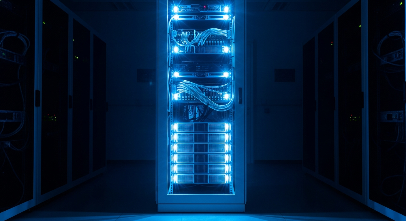 server rack in dark room with glowing blue lights