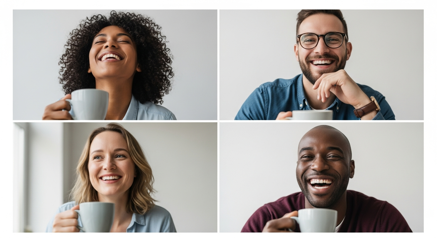 colleagues laughing during casual video call coffee break