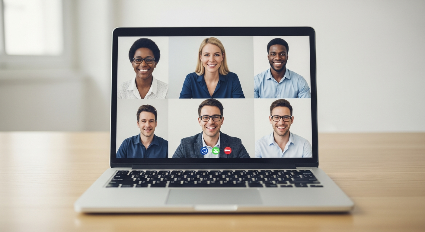 diverse startup team video conference on laptop
