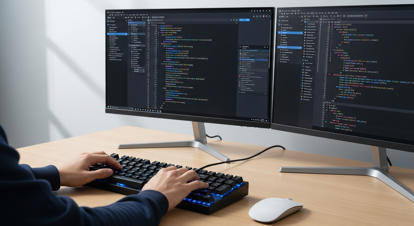 person typing on mechanical keyboard dual monitor desk