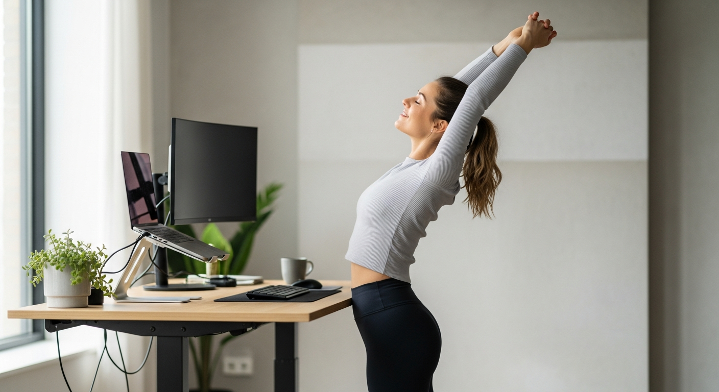 woman stretching arms at home office standing desk