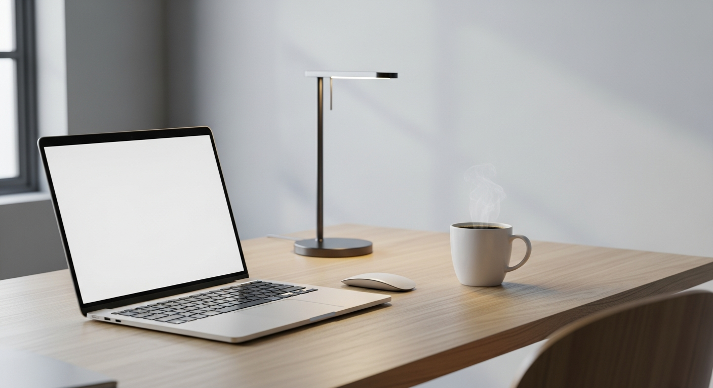 modern home office desk with laptop and coffee