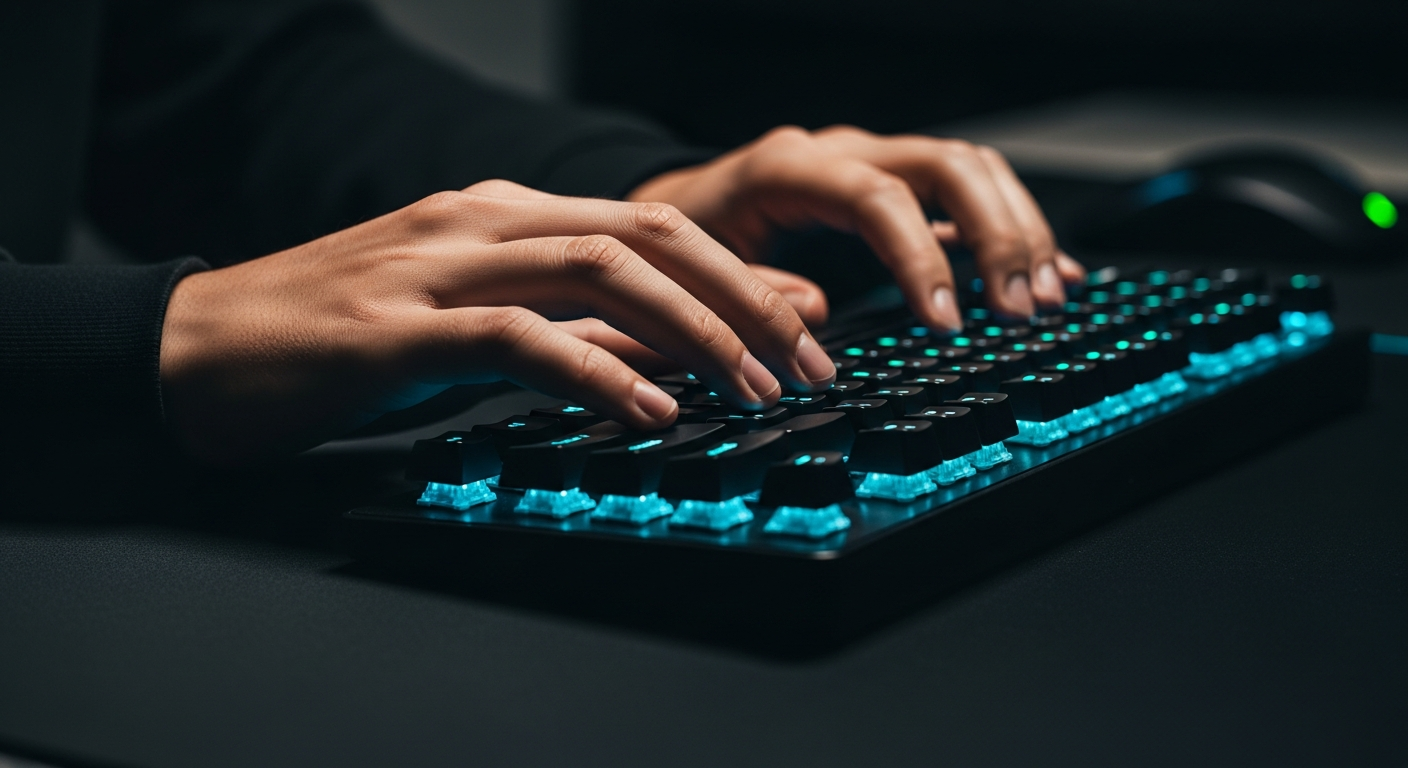 person typing on mechanical keyboard in dark room