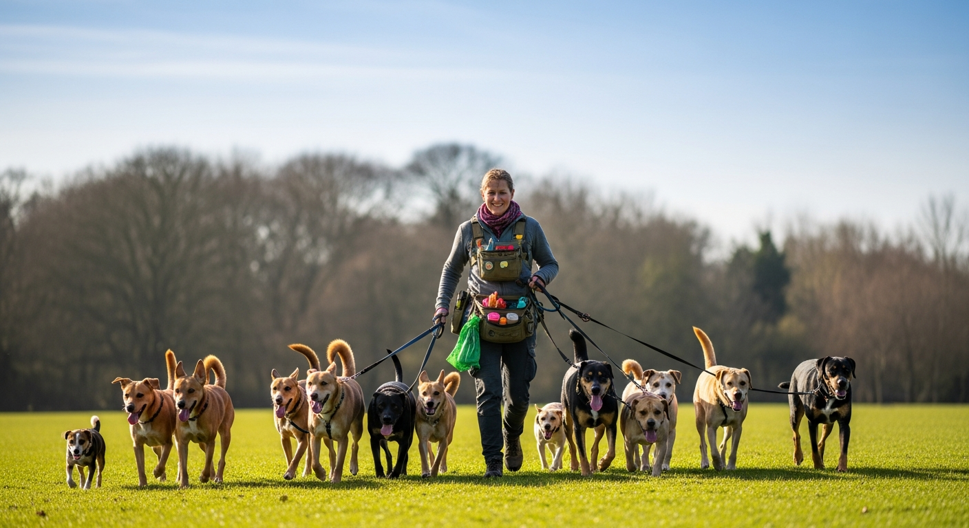 professional dog walker with multiple dogs in park