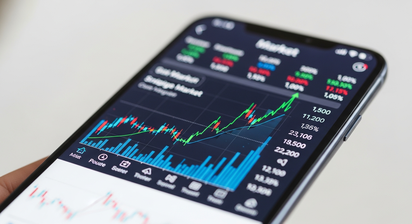 smartphone showing stock market app and charts