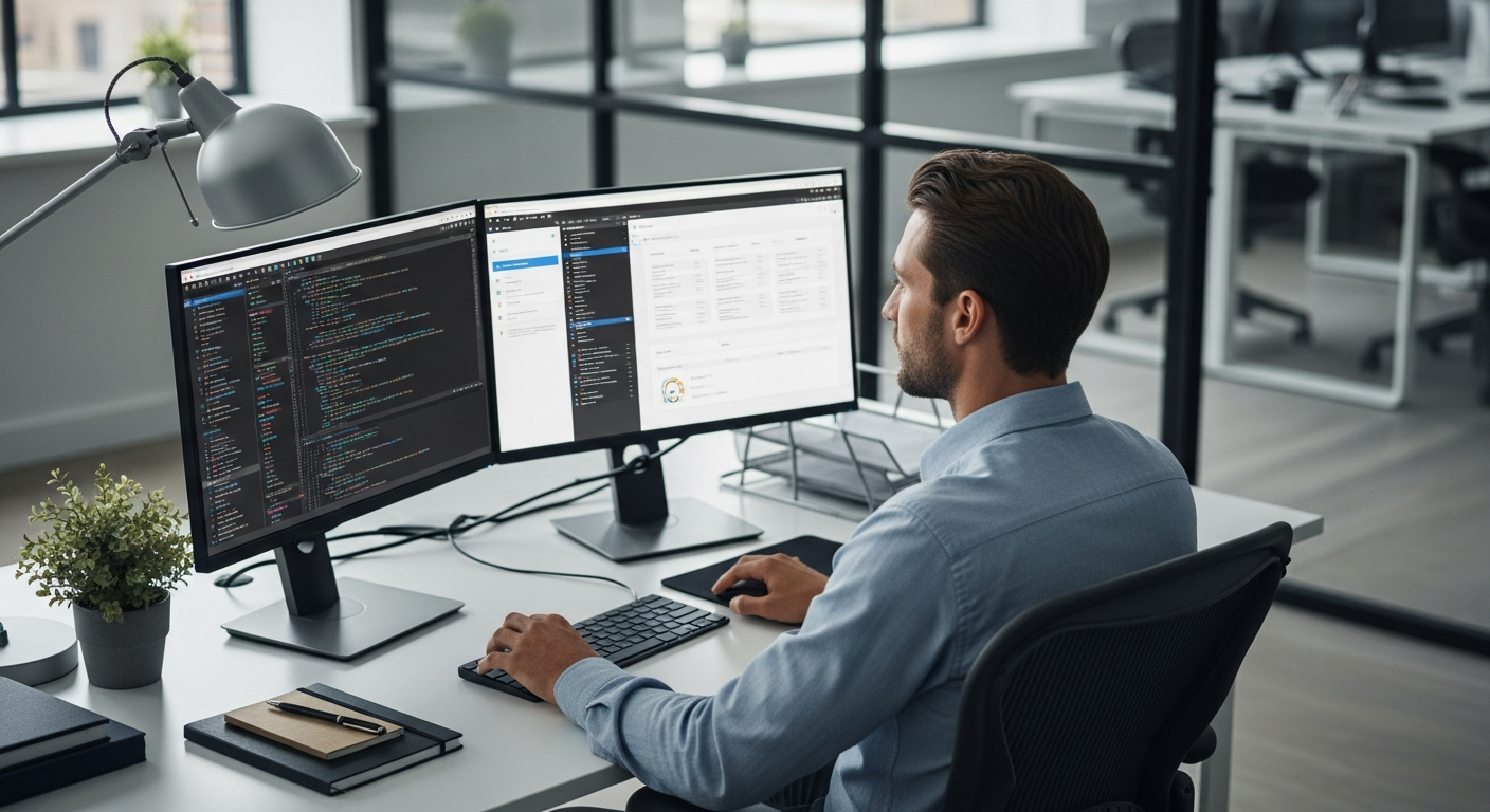 professional working on dual monitors in modern office