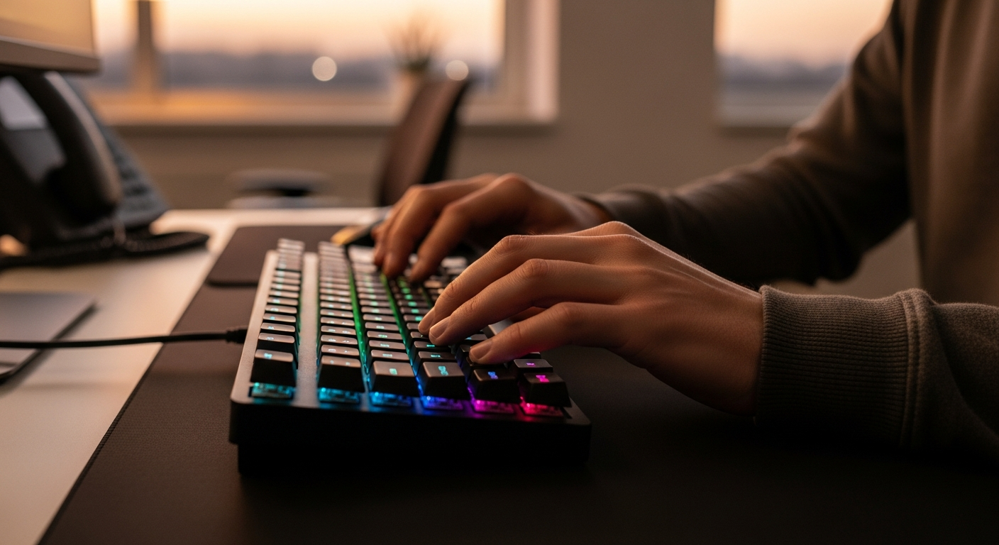 programmer typing code on mechanical keyboard at dusk