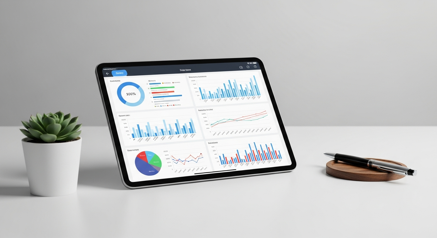minimalist desk setup with smart tablet displaying data charts