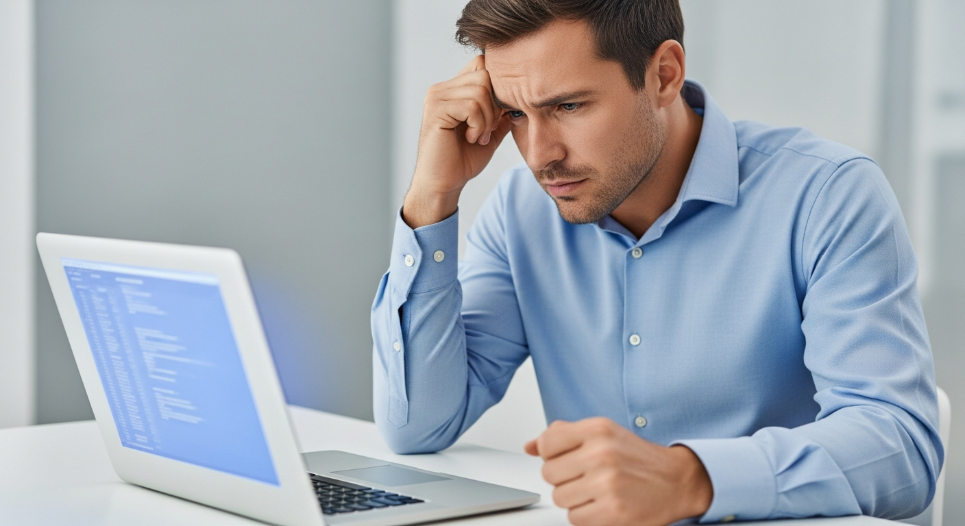 frustrated man looking at laptop screen rubbing his temples