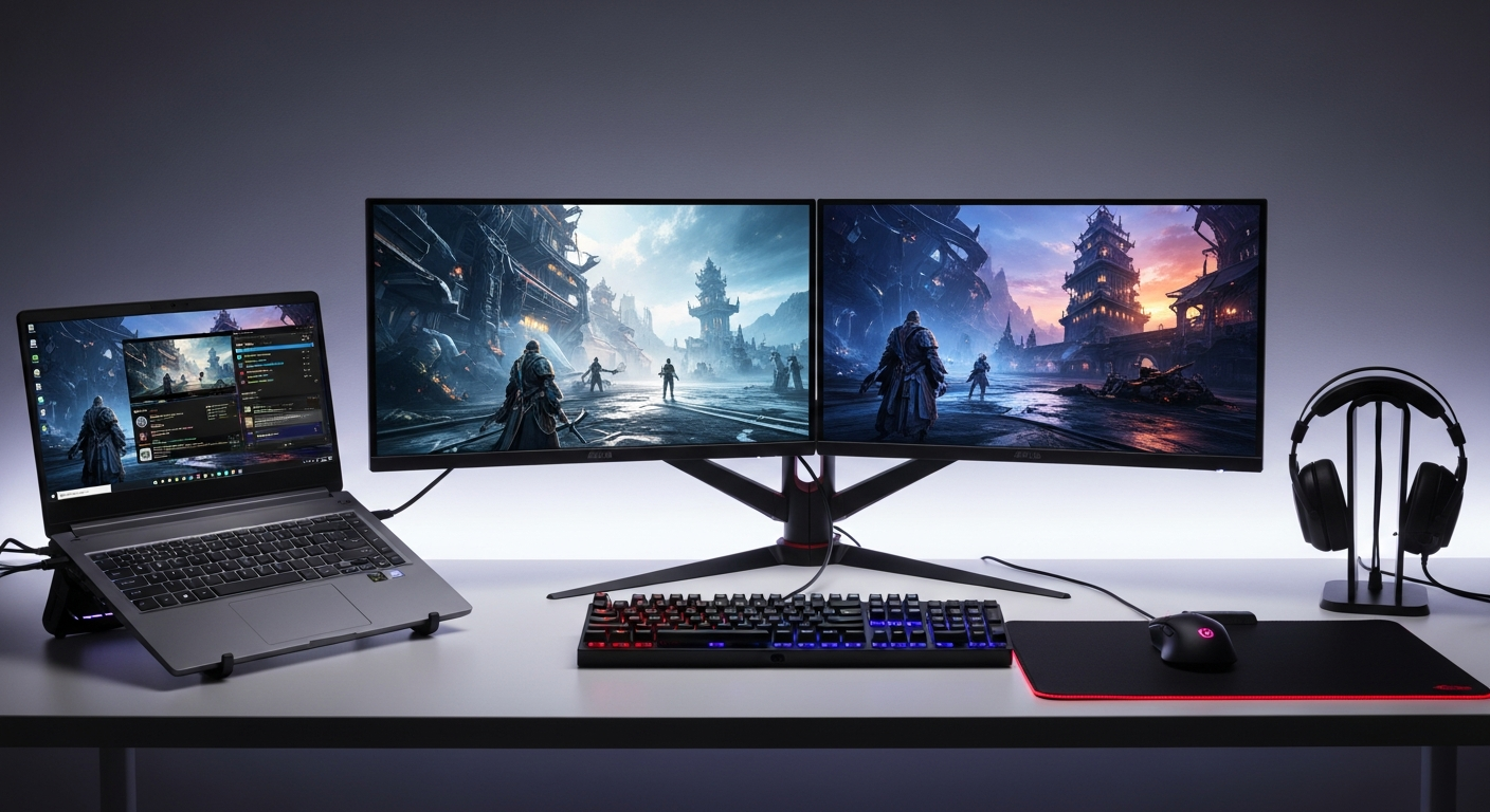 dual monitor gaming setup with laptop
