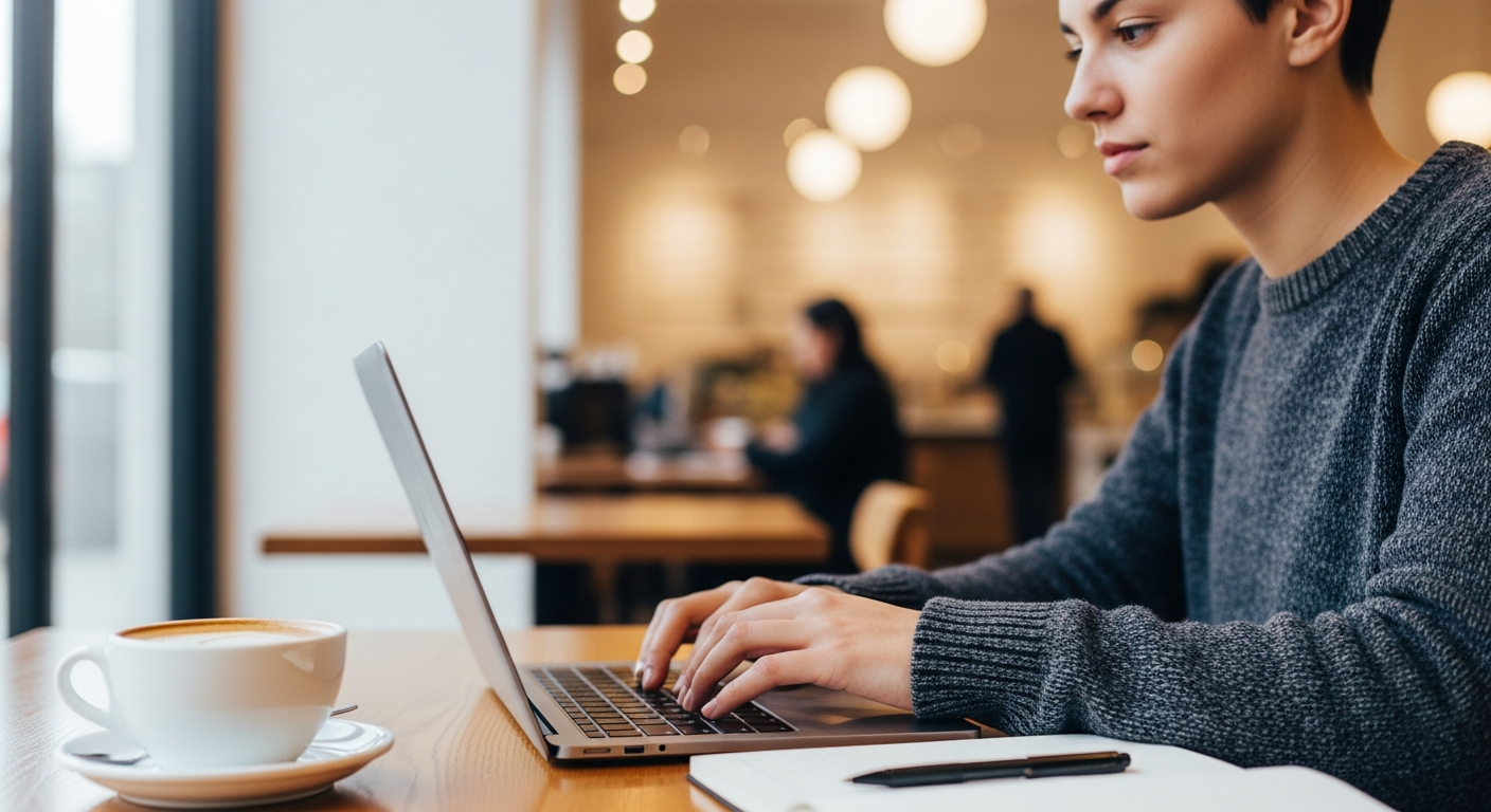 college student typing on laptop in cafe