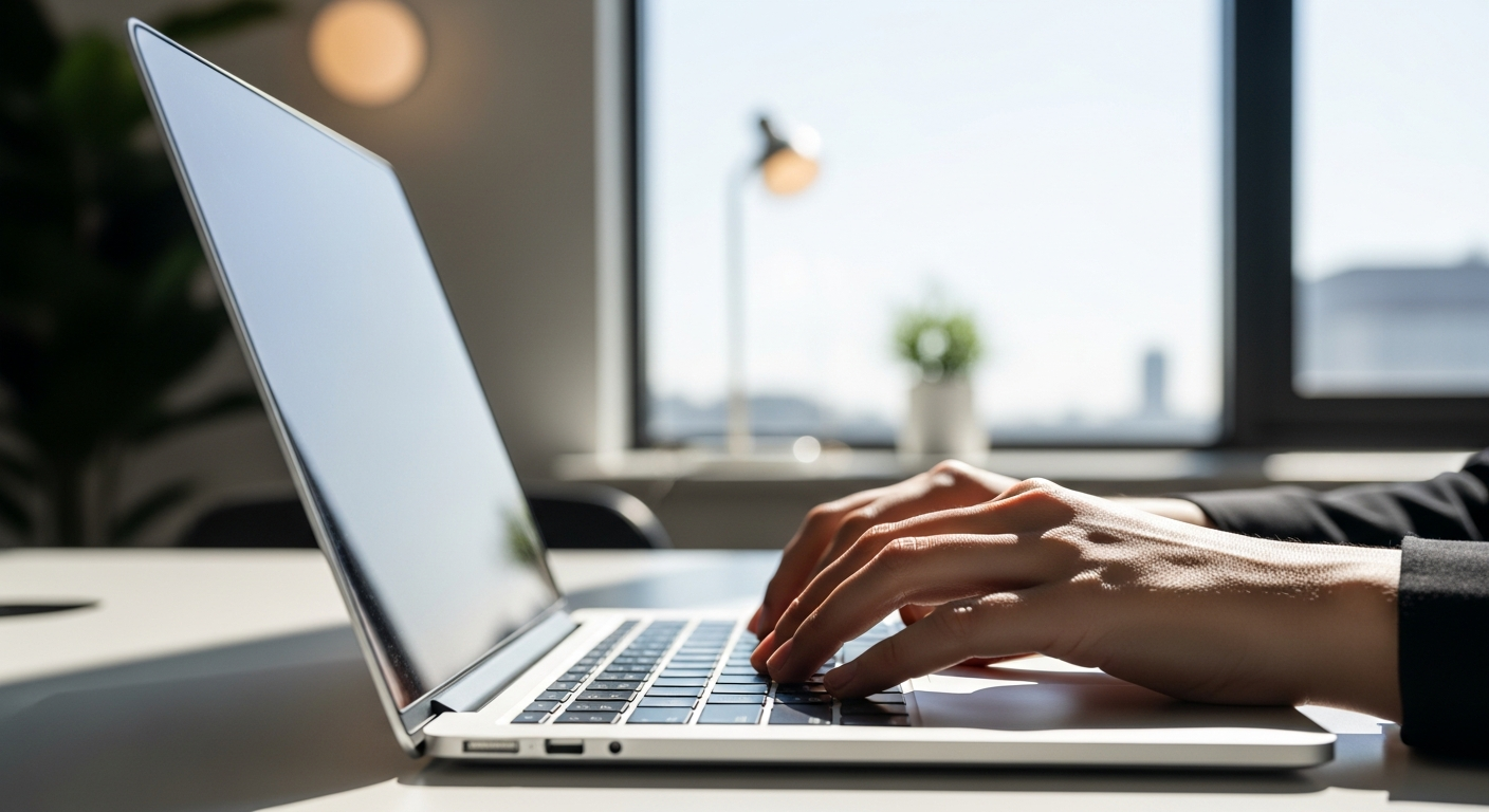 professional typing on sleek aluminium laptop in modern sunlit office