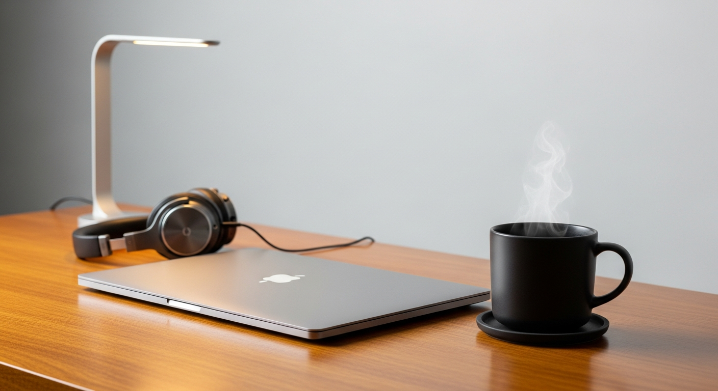premium electronics setup with closed laptop and coffee mug on wooden desk