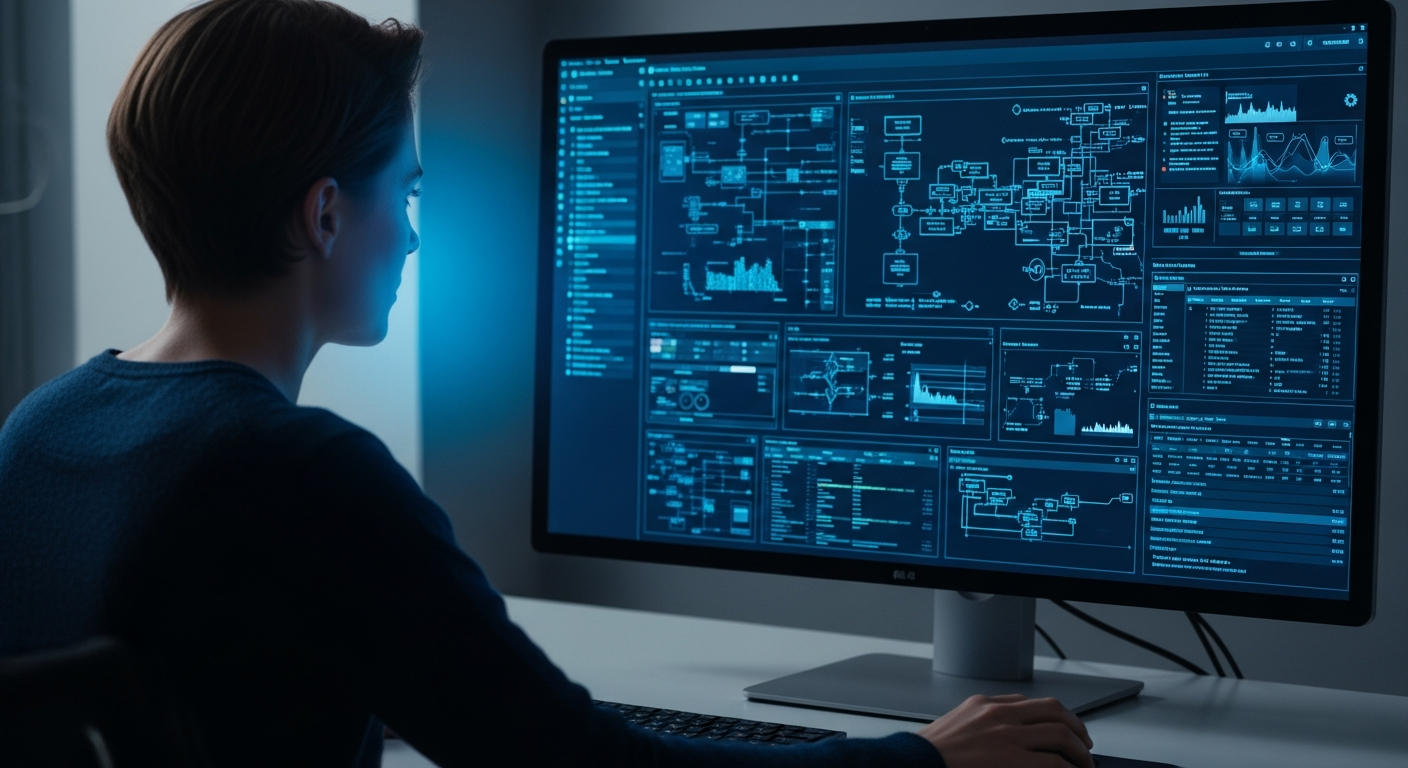 person analyzing technical specifications on large computer monitor