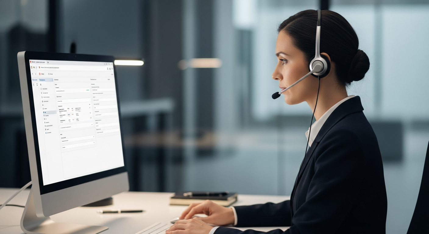 customer support representative wearing headset working at modern desk