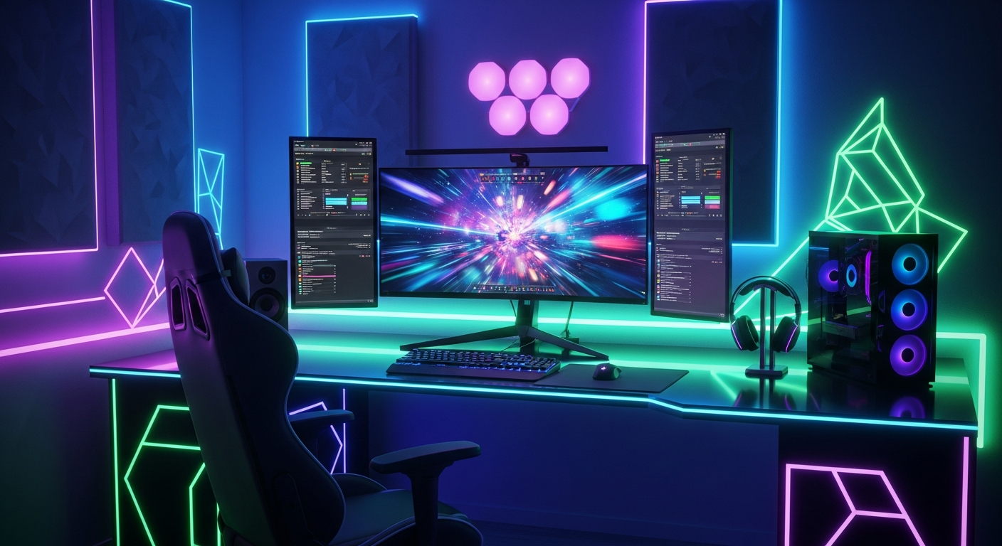 futuristic neon gaming setup room
