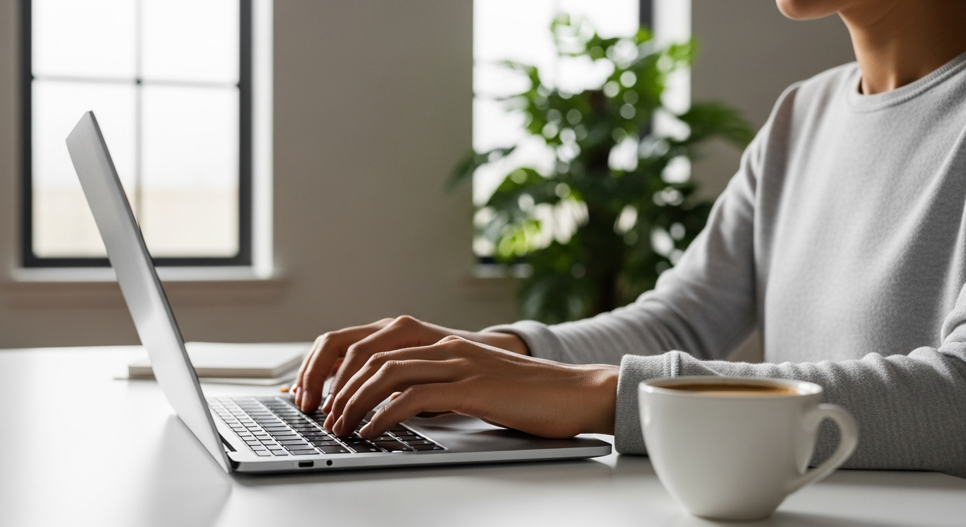 person typing on a sleek modern laptop in a bright home office