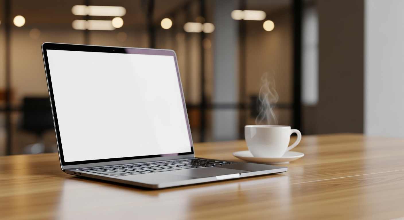premium modern laptop on a clean wooden desk with a cup of coffee