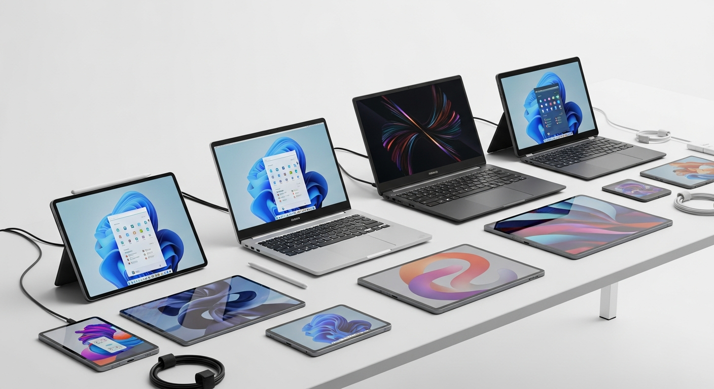 diverse tech setup with multiple laptops and tablets on a white studio table