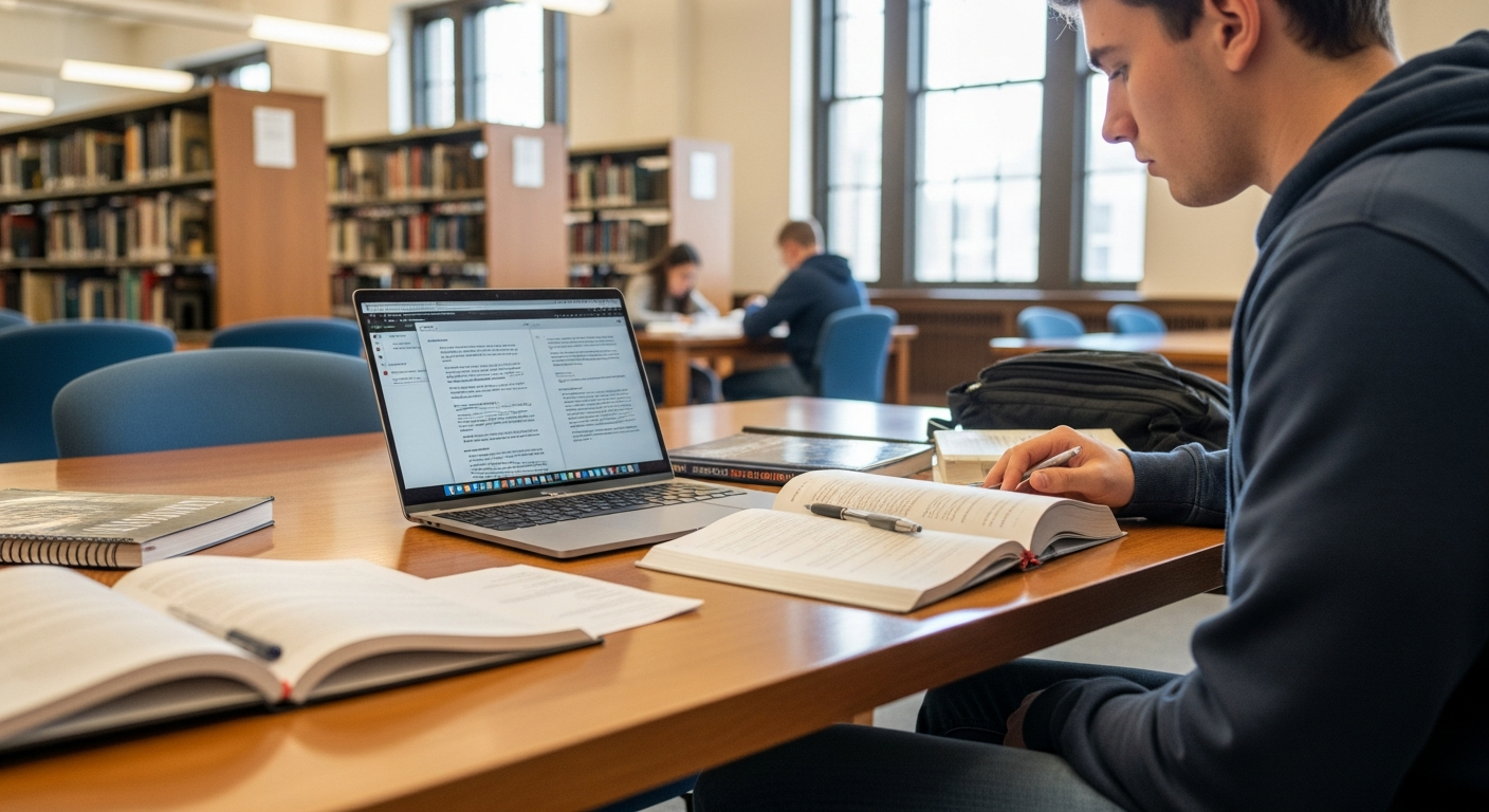 college student studying in a library with an ultra-thin laptop and notebooks