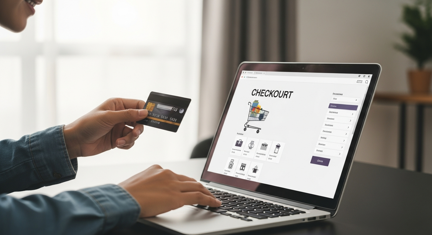 person holding a credit card next to a laptop making an online purchase