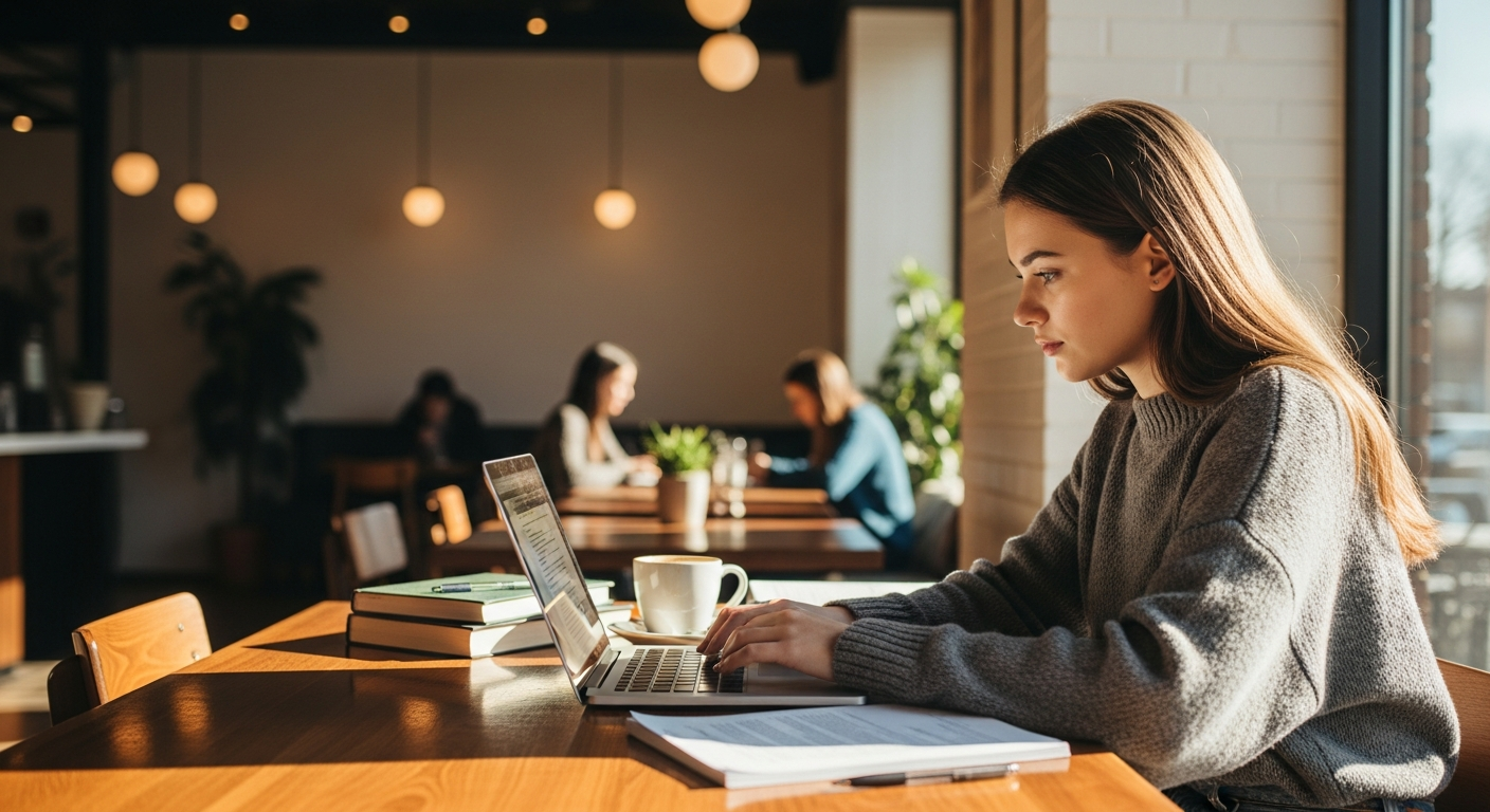college student studying at cafe with laptop