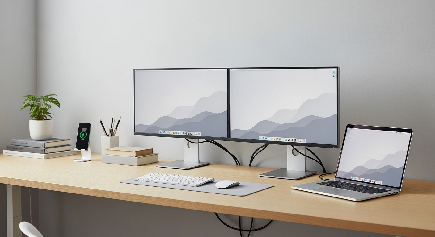 dual monitor desk setup with laptop