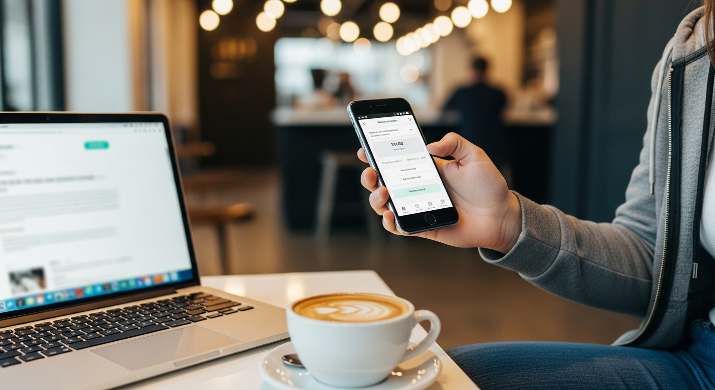 student paying for coffee with smartphone next to laptop