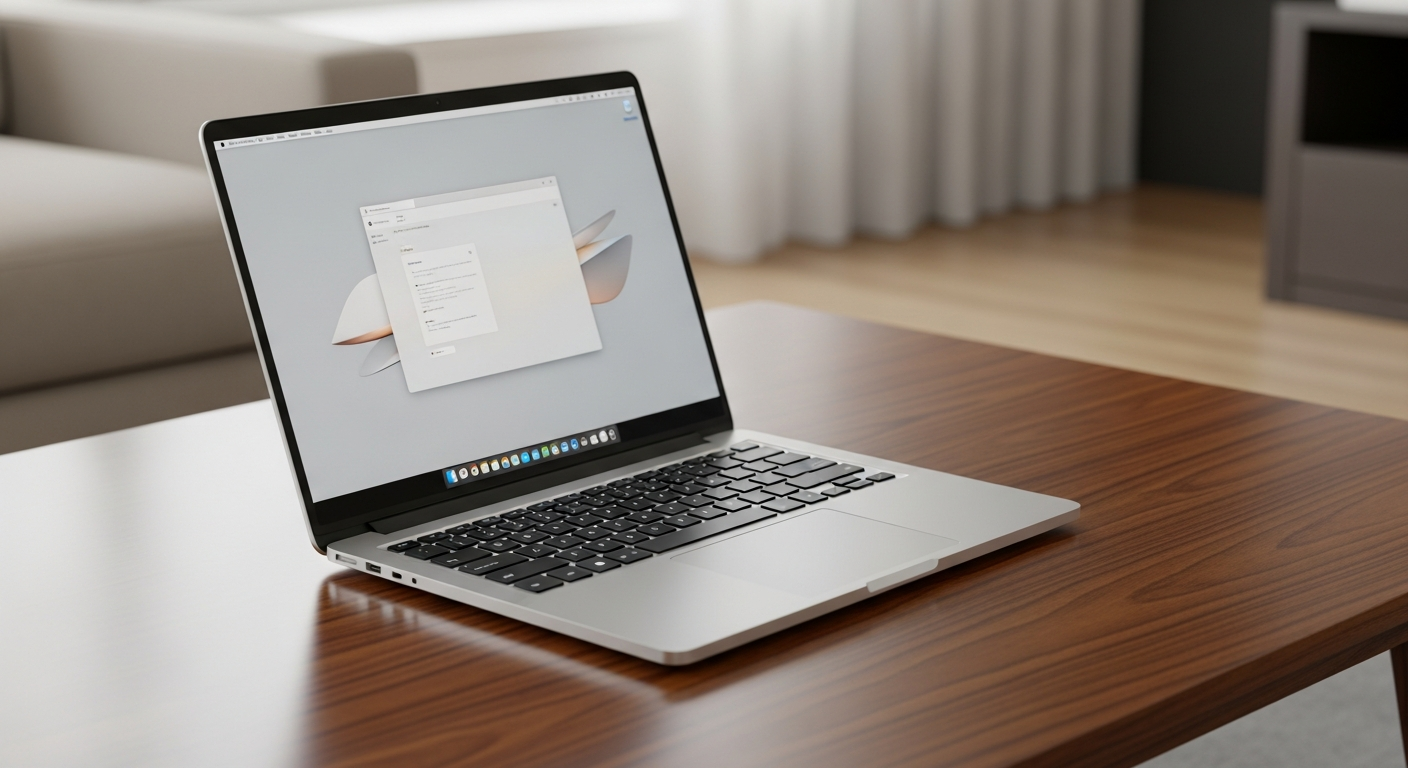 premium silver laptop open on a wooden coffee table