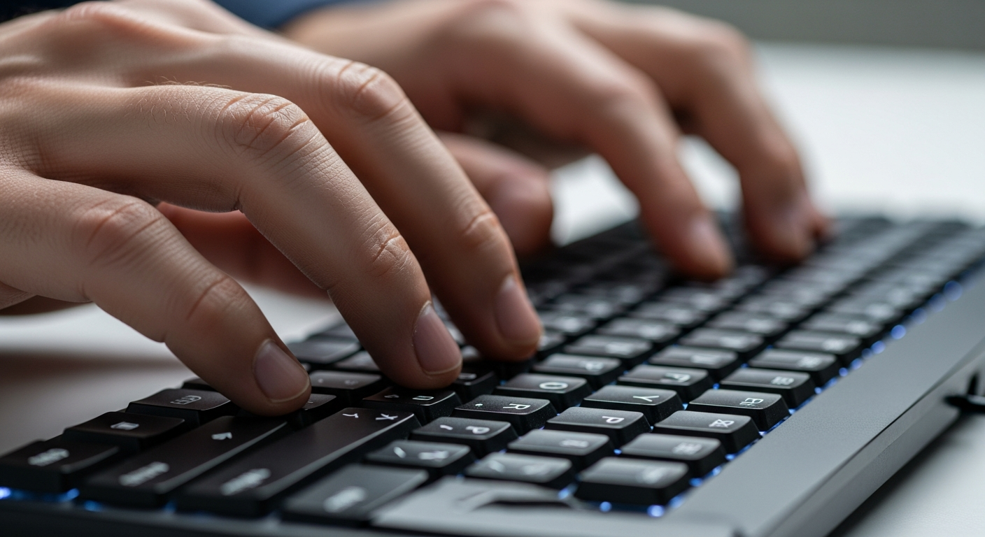 close up of person typing on illuminated keyboard