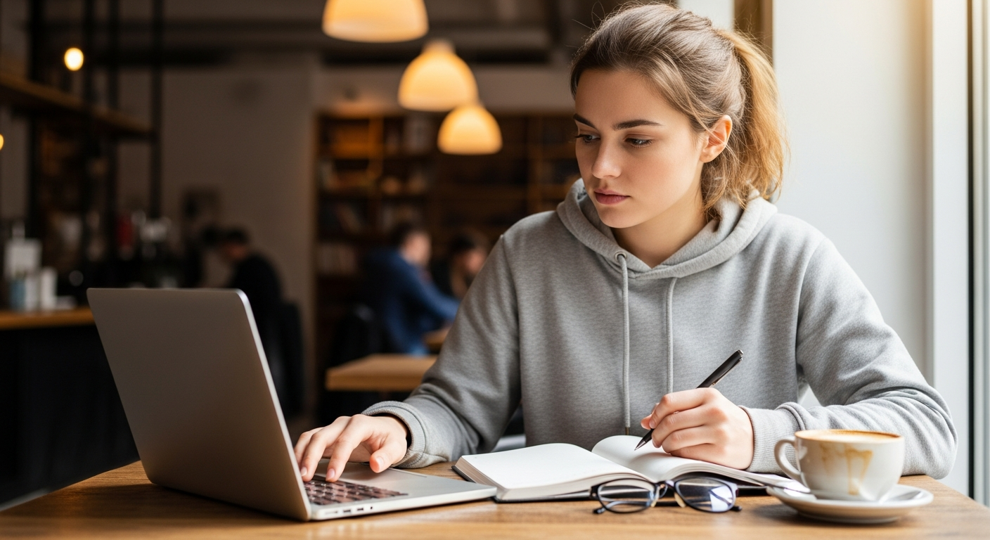 college student studying in cafe with notebook computer