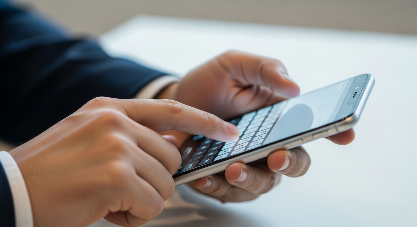 hands typing on a modern mobile device interface