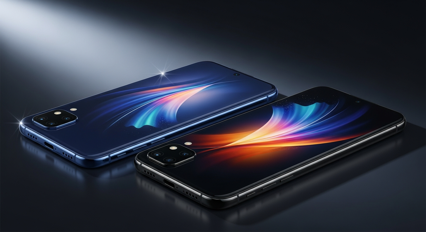 two premium smartphones side by side on dark background