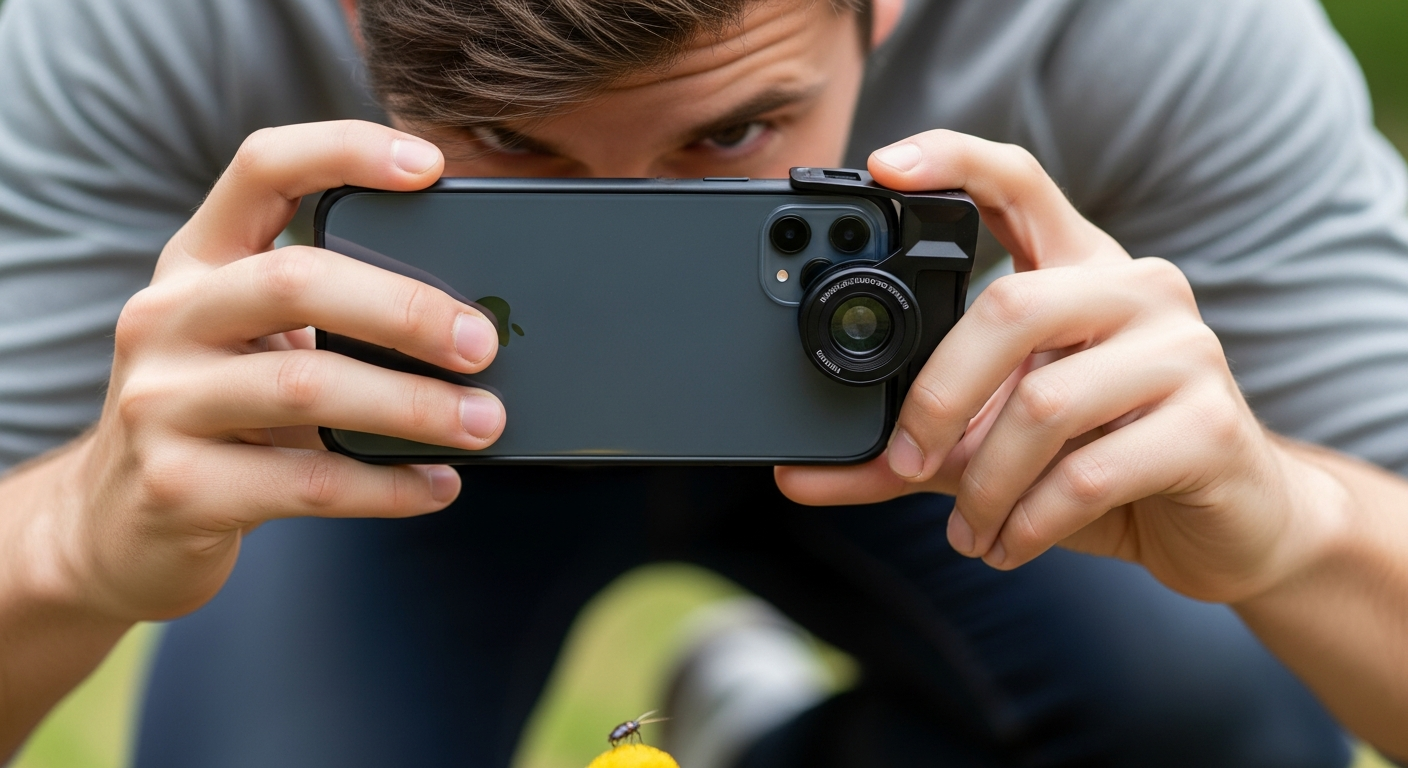 person taking macro photograph with phone