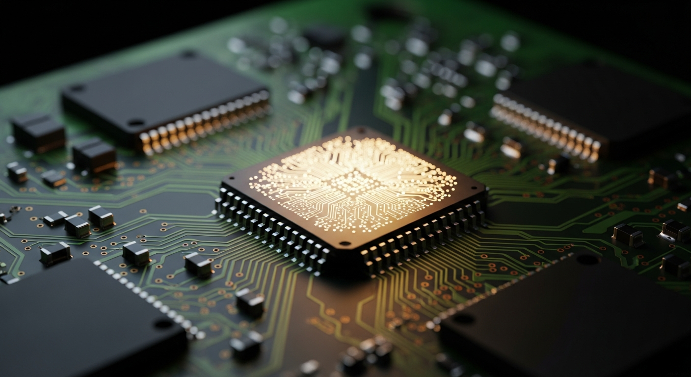 illuminated glowing microchip on circuit board