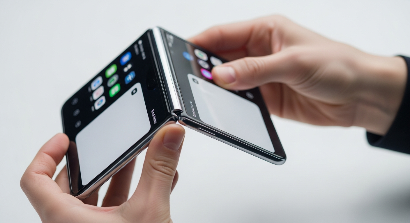 person folding a dual screen smartphone